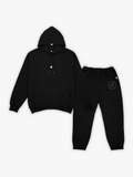 Black Satus heavyweight hoodie and joggers set on a white background