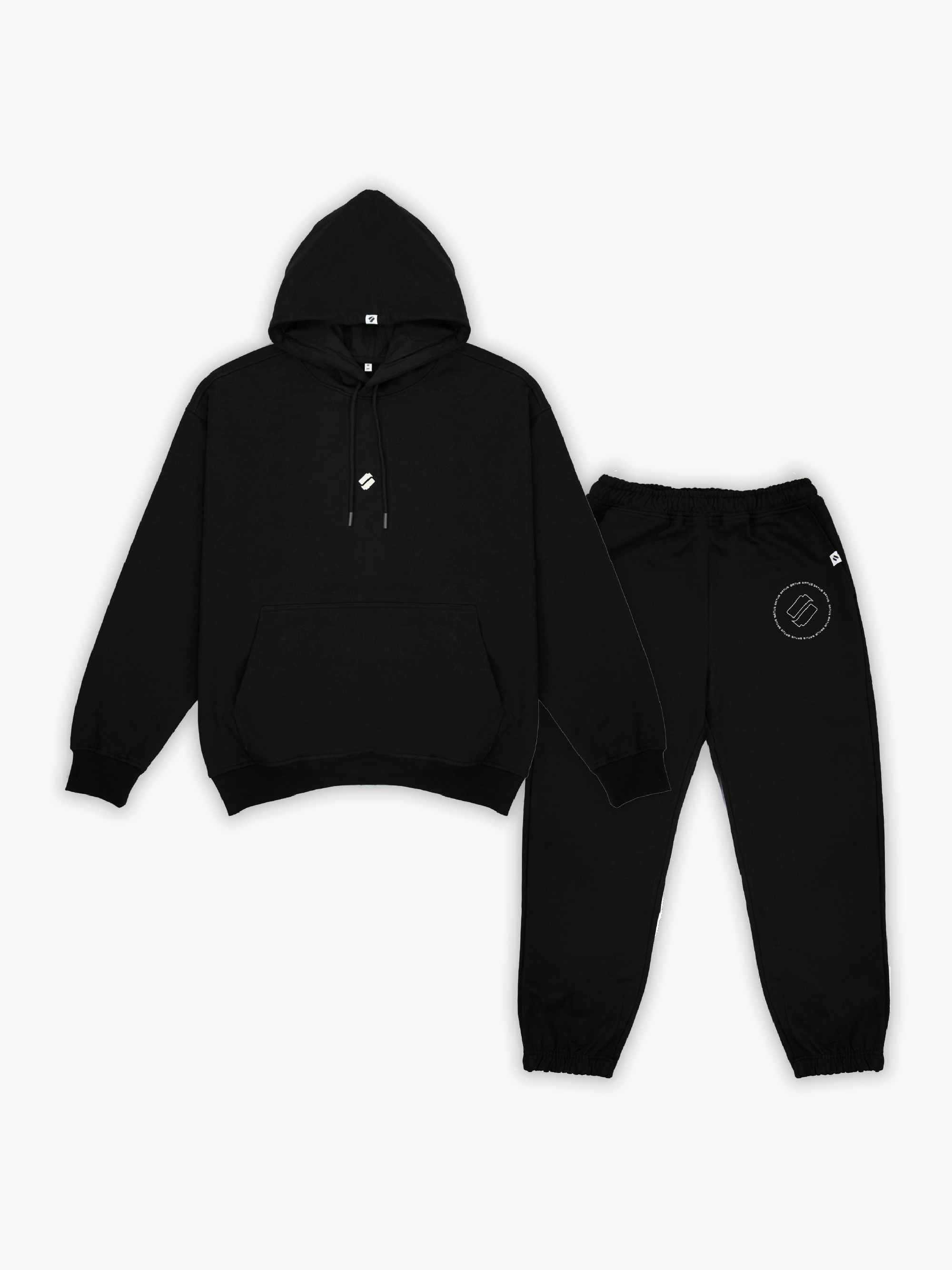 Black Satus heavyweight hoodie and joggers set on a white background