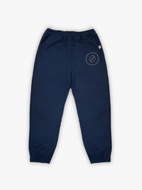 Navy blue sweatpants with a logo on a white background