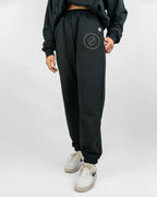 Person wearing black sweatpants with a logo on a white background