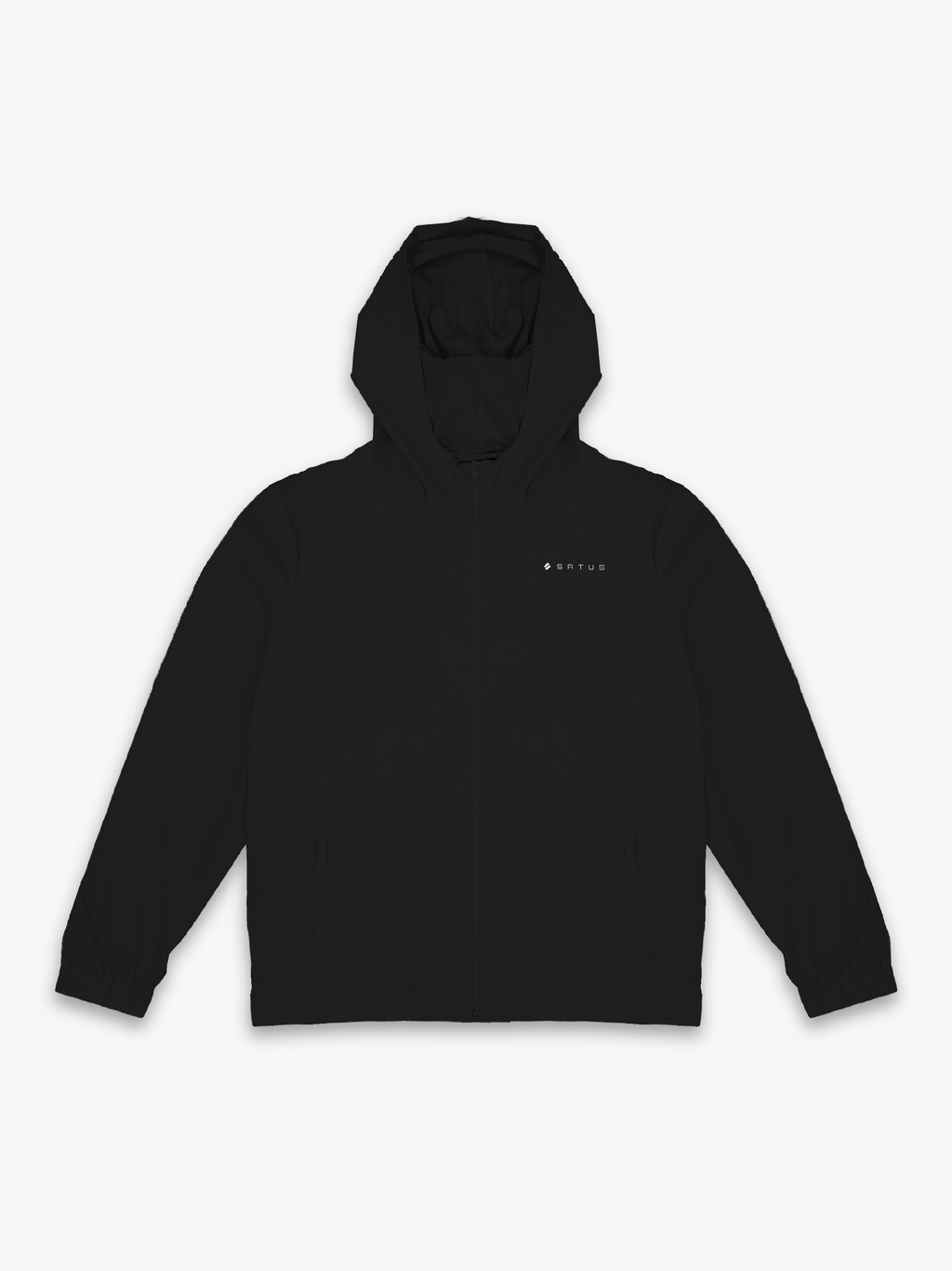Black jacket with a 'satus' brand logo on a white background