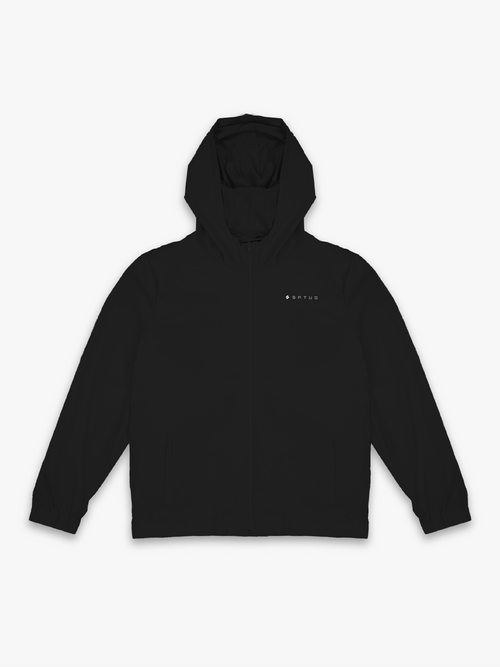 Black jacket with a 'satus' brand logo on a white background