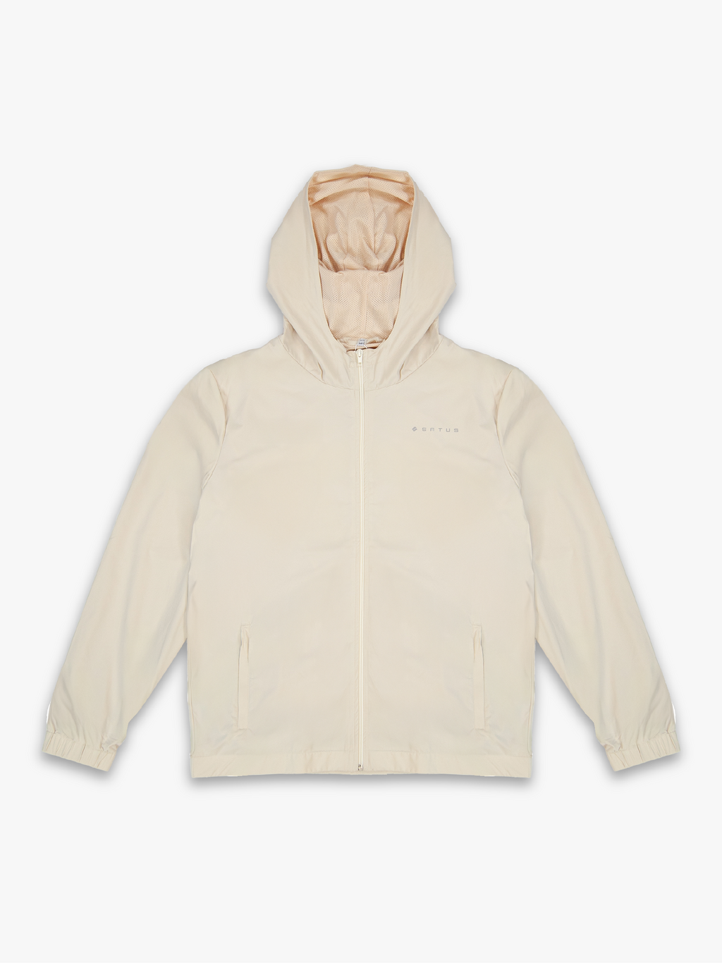 Tan sports jacket with reflective branding on a white background.