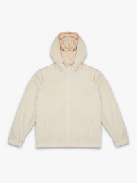 Tan sports jacket with reflective branding on a white background.