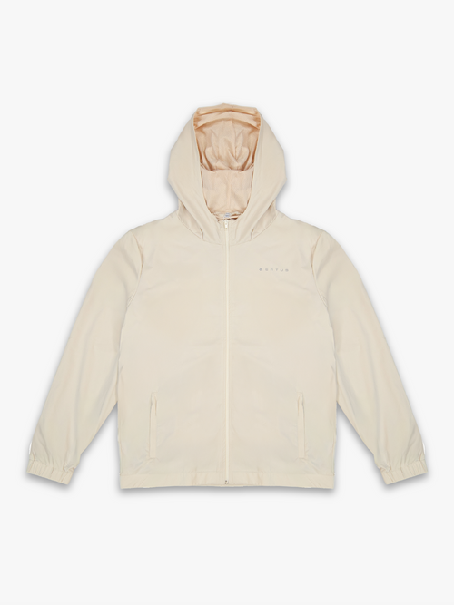 Tan sports jacket with reflective branding on a white background.