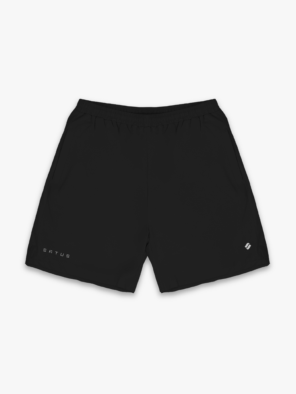 Black shorts with 'satus' branding on a white background