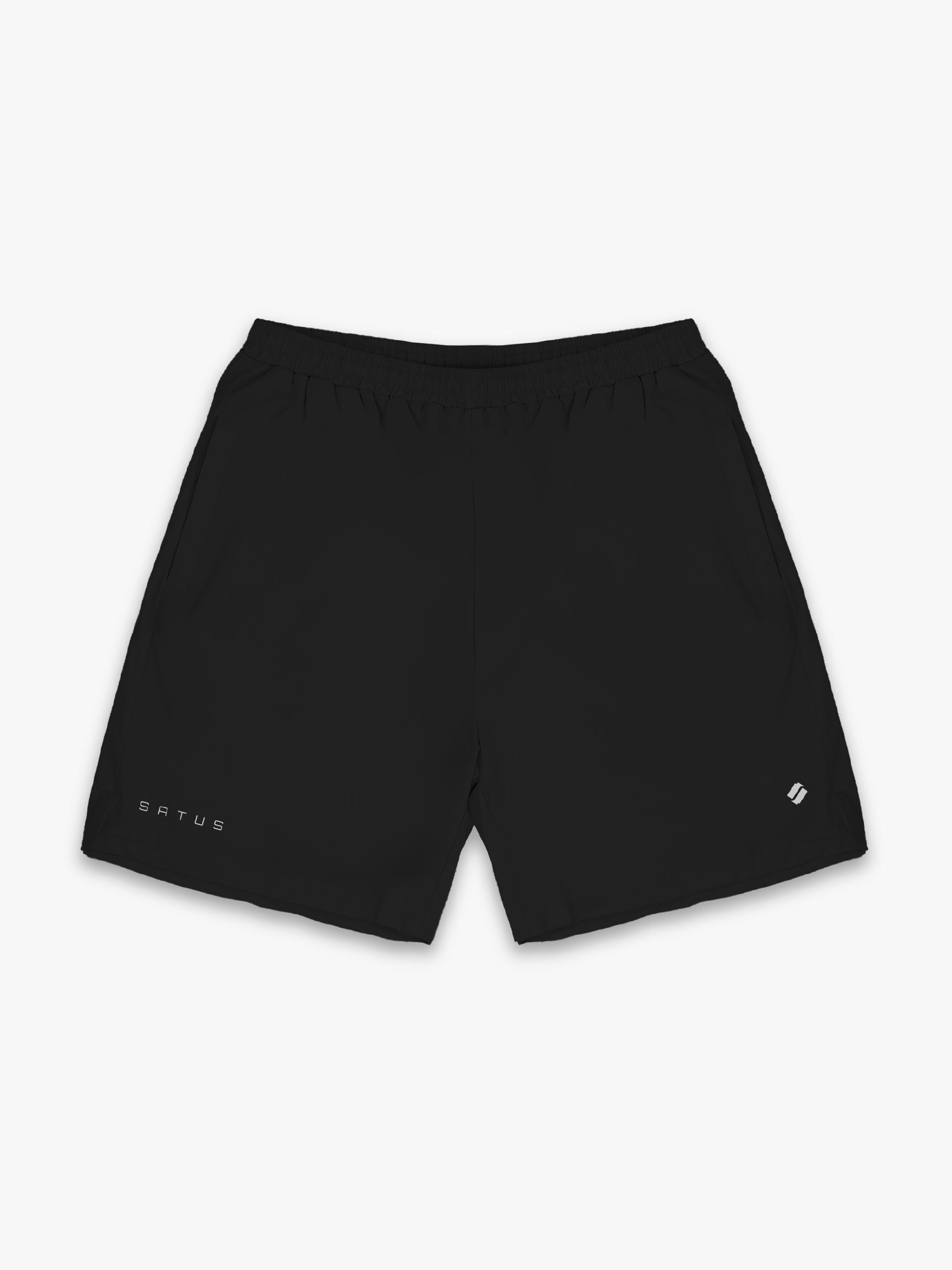 Black shorts with 'satus' branding on a white background
