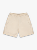 Tan shorts with "satus" branding in reflective print on a white background