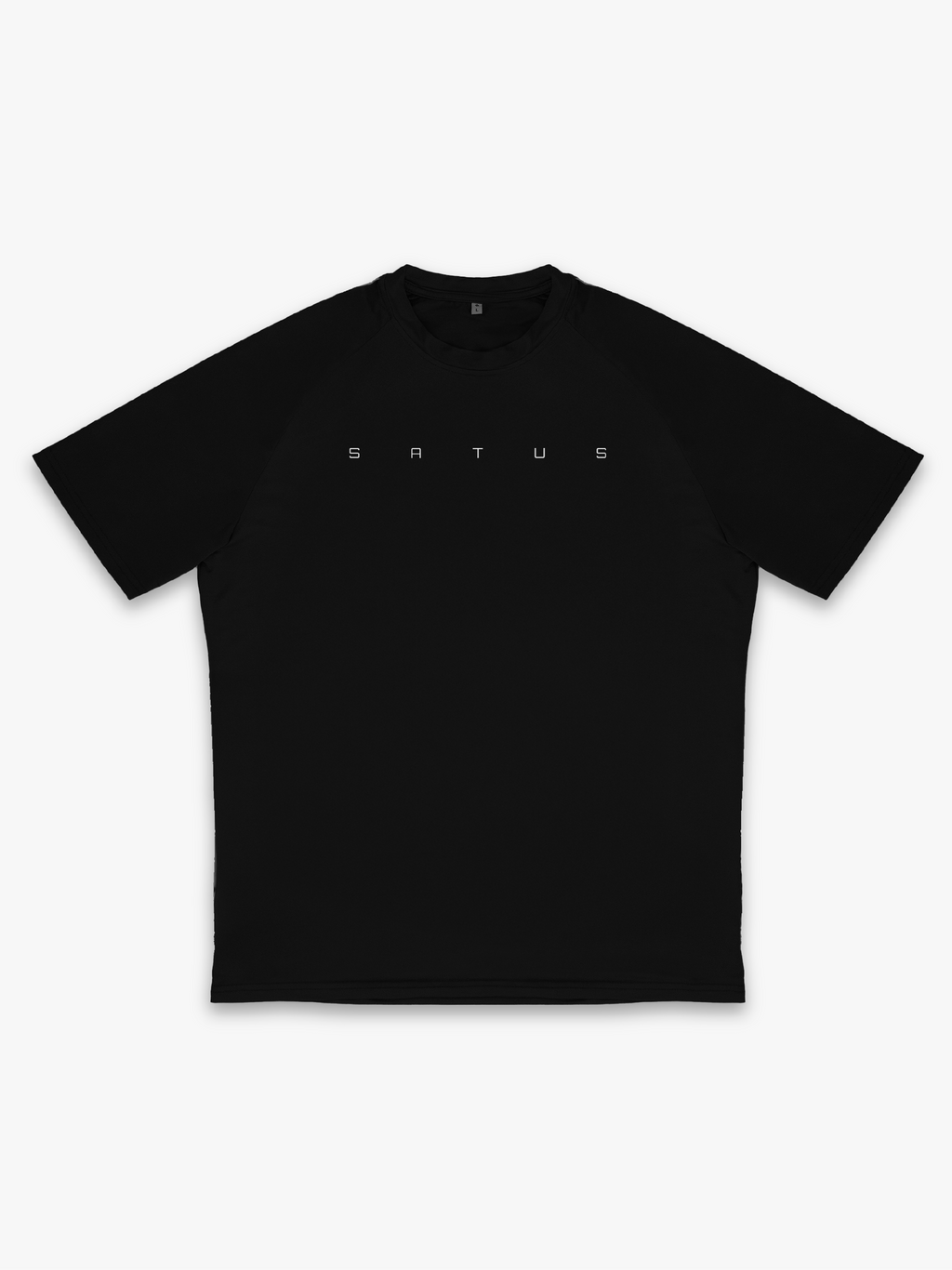 Black t-shirt with reflective 'SATUS' logo on a white background