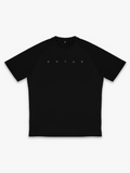 Black t-shirt with reflective 'SATUS' logo on a white background