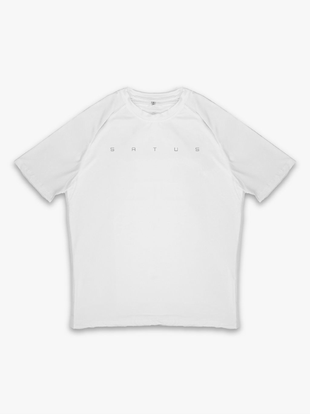 White t-shirt with reflective 'satus' branding on a white background