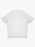 White t-shirt with reflective 'satus' branding on a white background