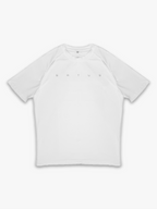 White t-shirt with reflective 'satus' branding on a white background