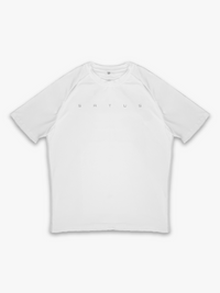 White t-shirt with reflective 'satus' branding on a white background