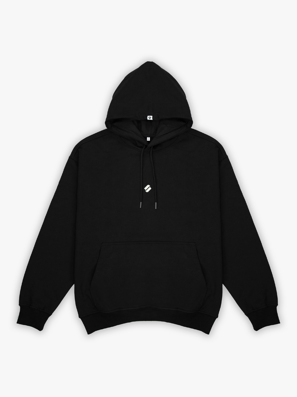 Black hoodie with a small logo on a white background