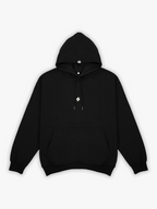 Black hoodie with a small logo on a white background