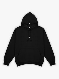 Black hoodie with a small logo on a white background