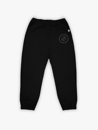 Black sweatpants with a logo on a white background