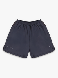 Grey training shorts with 'satus' branding on a white background