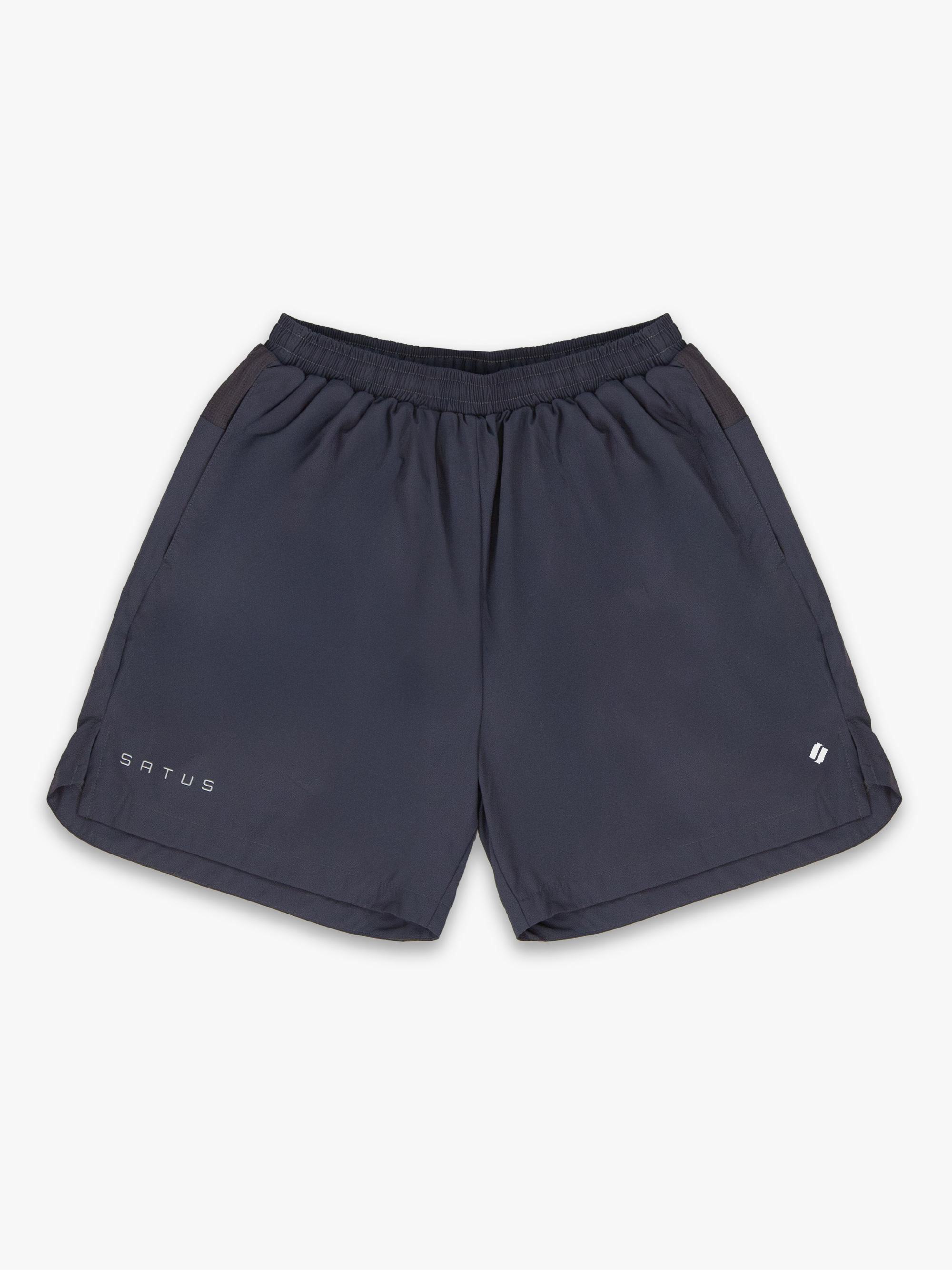 Grey training shorts with 'satus' branding on a white background